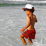 Hybrid Swim Trunks in Americana Red + Black Checkered