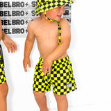 Hybrid Swim Trunks in Neon Electric Lime + Black Checkered