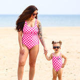 UPF50+ Girls Bow-Back One Piece Swimsuit in Bubble Gum Checkered