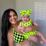 UPF50+ Women's Reversible Bikini in Neon Electric Lime x Jagger / Neon Electric Lime + Black Checkered