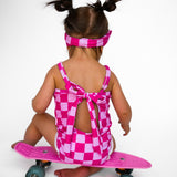 UPF50+ Girls Bow-Back One Piece Swimsuit in Bubble Gum Checkered