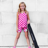 Tank + Biker Two Piece Set in Bubble Gum Checkered