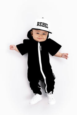 Image of Hooded Rebel Short Sleeve Romper in Black