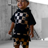 Short Sleeve Hoodie in Taupe + Black Checkered