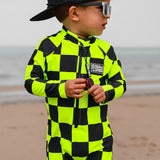 UPF50+ Boys Swim Romper in Neon Electric Lime + Black Checkered