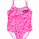 UPF50+ Girls Bow-Back One Piece Swimsuit in Bubble Gum Leopard