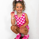 Tank + Biker Two Piece Set in Bubble Gum Checkered