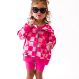 Girl's Full Zip Hoodie in Bubble Gum Checkered