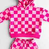Fleece Hoodie + Sweatpants Set in Bubble Gum Checkered