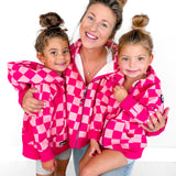 Girl's Full Zip Hoodie in Bubble Gum Checkered