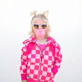 Girl's Full Zip Hoodie in Bubble Gum Checkered