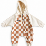 Hooded Fleece Romper in Cream + Taupe Checkered