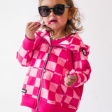 Girl's Full Zip Hoodie in Bubble Gum Checkered