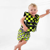 Neoprene Swim Vest with Head Support in Neon Electric Lime + Black Checkered