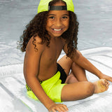 Hybrid Swim Trunks in Neon Electric Lime + Black Colorblock