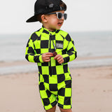 UPF50+ Boys Swim Romper in Neon Electric Lime + Black Checkered