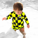 UPF50+ Boys Swim Romper in Neon Electric Lime + Black Checkered