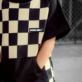 Short Sleeve Hoodie in Taupe + Black Checkered
