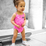 UPF50+ Girls Bow-Back One Piece Swimsuit in Bubble Gum Leopard