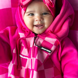 Hooded Fleece Romper in Bubble Gum Checkered