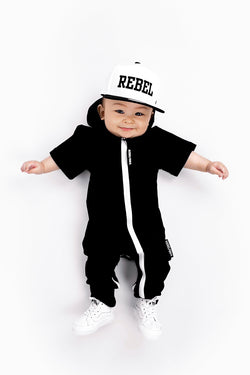 Image of Hooded Rebel Short Sleeve Romper in Black