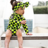 UPF50+ Swim Bow in Neon Electric Lime + Black Checkered