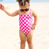 UPF50+ Girls Bow-Back One Piece Swimsuit in Bubble Gum Checkered