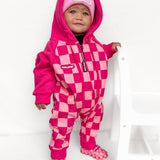 Hooded Fleece Romper in Bubble Gum Checkered