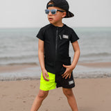 Hybrid Swim Trunks in Neon Electric Lime + Black Colorblock