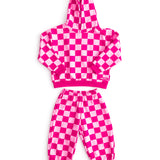 Fleece Hoodie + Sweatpants Set in Bubble Gum Checkered