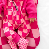 Hooded Fleece Romper in Bubble Gum Checkered