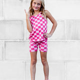 Tank + Biker Two Piece Set in Bubble Gum Checkered