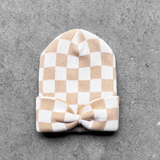 Bow Beanie in Salt + Sand Checkered