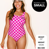 UPF50+ Women's One Piece Swimsuit in Bubble Gum Checkered