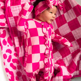 Ruffled Bamboo Zippy Sleeper in Bubble Gum Checkered