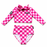 UPF50+ Cropped Two Piece Swimsuit in Bubble Gum Checkered