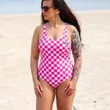 UPF50+ Women's One Piece Swimsuit in Bubble Gum Checkered