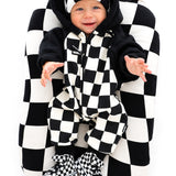 Hooded Fleece Romper in Black + Cream Checkered