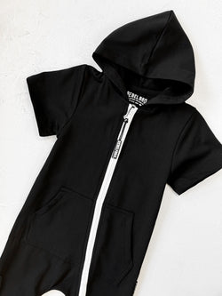 Image of Hooded Rebel Short Sleeve Romper in Black