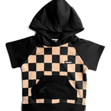 Short Sleeve Hoodie in Taupe + Black Checkered