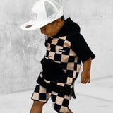 Relaxed Fit Shorts in Taupe + Black Checkered