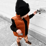 Reversible Puffer Vest in Rust + Black Corduroy