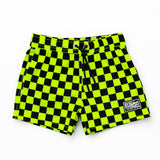 Hybrid Swim Trunks in Neon Electric Lime + Black Checkered