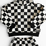 Fleece Hoodie + Sweatpants Set in Cream + Black Checkered