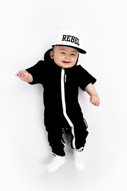 Image of Hooded Rebel Short Sleeve Romper in Black