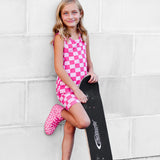 Tank + Biker Two Piece Set in Bubble Gum Checkered