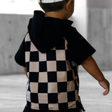 Short Sleeve Hoodie in Taupe + Black Checkered
