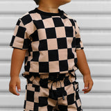 Everyday Cotton Shorts Set in Taupe + Black Checkered