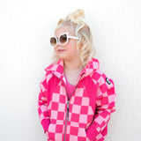 Girl's Full Zip Hoodie in Bubble Gum Checkered