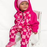 Hooded Fleece Romper in Bubble Gum Checkered